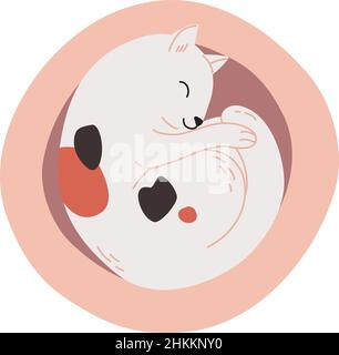 Charming tricolor kitten lies and naps on the crib at home. A cute cat sleeps in a cat house. Top view of a happy relaxed kitten curled up in ball. Flat vector illustration of animal isolated on white Stock Vector