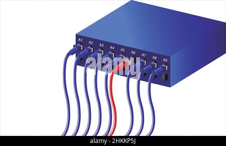 Network Telecommunication Switch Ethernet Cables Connected to Internet Switch, Data Center 3d Concept in blue toned on white background. Stock Vector