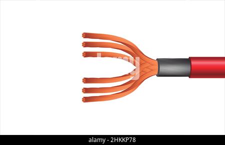 Twisted electric copper cable with red shield structure. 3d Rendering Vector realistic illustration isolated on white background. Stock Vector