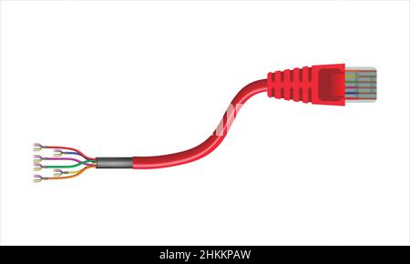 Red cord ethernet cable with connector rj45 on a white background. 3d rendering multicolor copper wires vector illustration. Stock Vector