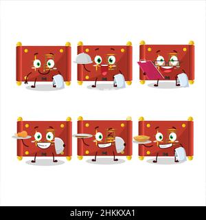 happy red paper roll chinese waiter cartoon character holding a plate. Vector illustration Stock Vector