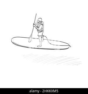 man with life jacket and cap standing up on paddle board illustration vector hand drawn isolated on white background line art. Stock Vector
