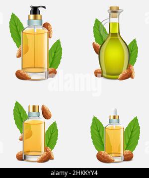 Almond nut oil bottle set vector realistic illustration Stock Vector