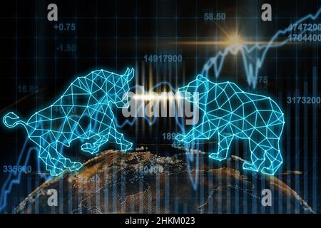 Bull and Bear polygonal shape writing by lines and dots over the Abstract planet earth particle over the Stock market chart, trading and finance inves Stock Photo