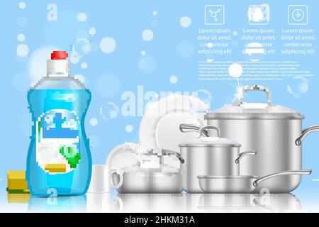 Dishwashing liquid soap ad, vector realistic illustration Stock Vector