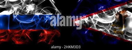 Russia, Russian vs United States of America, America, US, USA, American, American Samoa flags. Smoke flag placed side by side isolated on black backgr Stock Photo