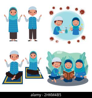 Set of illustration of moslem kids activity, like reading the quran, praying, and washing hand. Stock Vector