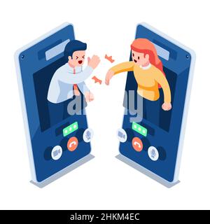Flat 3d Isometric Businessman Come Out From Smartphoen and Giving Hi Five. Online Collaboration and Video Conference Concept. Stock Vector