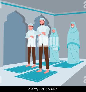 a Muslim family consisting of parents and their children are doing prayer in congregation in the mosque Stock Vector