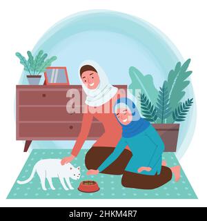 illustration of a Muslim mother and Muslim child who is feeding a cat and stroking it inside their living room. Stock Vector