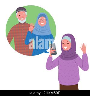 a Muslim girl wearing a hijab is doing a video call with her grandfather and grandmother via cell phone. Stock Vector