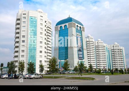 SHALI, RUSSIA - SEPTEMBER 29, 2021: View of modern Shali City complex on a cloudy September morning. Chechen Republic Stock Photo