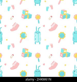 Baby shower vector seamless pattern with newborn items Stock Vector