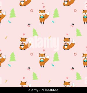 Vector seamless pattern with cute funny foxes Stock Vector