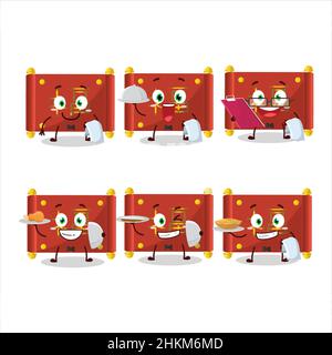 happy red paper roll chinese waiter cartoon character holding a plate. Vector illustration Stock Vector