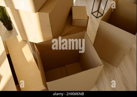 Several empty cardboard boxes top view closeup Stock Photo