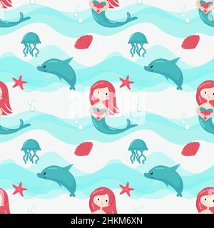 Vector seamless pattern with cute little mermaids Stock Vector