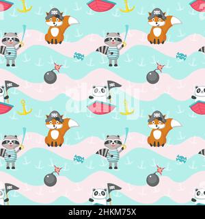 Vector seamless pattern with cute pirate animals Stock Vector