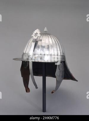 Art inspired by Zischägge Helmet, German, 1610-50, Steel, brass, modern leather, and restorations, Made in Germany, Europe, Arms & armor, metalwork, 13 1/4 x 11 x 15 1/2 in. (33.7 x 27.9 x 39.4 cm, Classic works modernized by Artotop with a splash of modernity. Shapes, color and value, eye-catching visual impact on art. Emotions through freedom of artworks in a contemporary way. A timeless message pursuing a wildly creative new direction. Artists turning to the digital medium and creating the Artotop NFT Stock Photo