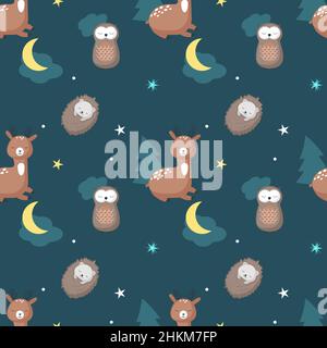 Vector seamless pattern with cute sleeping animals Stock Vector