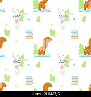 Vector seamless pattern with cute reading animals Stock Vector