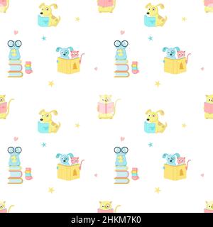 Vector seamless pattern with cute reading animals Stock Vector