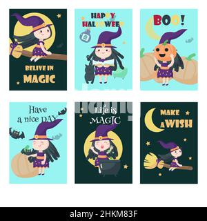 Vector set of cards with cute little Halloween witches Stock Vector