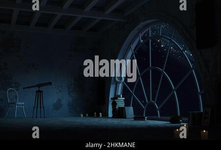 3d illustration. A room with arch window at night and space. Galaxy and planets Stock Photo
