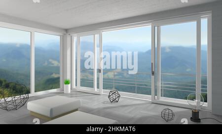 3d illustration. Interior of a modern villa. Panoramic sliding windows and doors. Loft. House or hotel on the sea. Natural landscape. Mountain chalet Stock Photo
