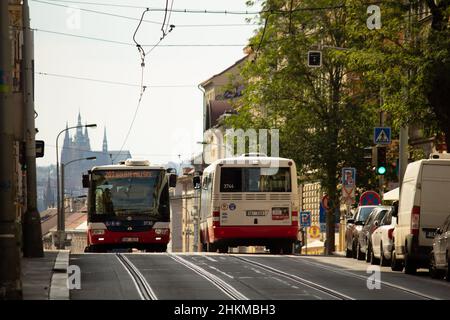 PRAGUE, CZECH REPUBLIC. June 15, 2021. Prague city buses on a summer evening. Prague Transport Company. Stock Photo