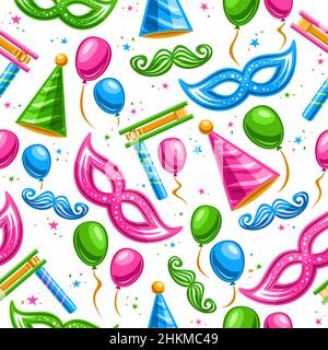 Vector Purim Seamless Pattern, square repeating background with cut out illustrations of traditional purim symbols, vibrant different balloons, clown Stock Vector