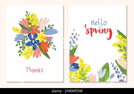 Spring vector postcard. Bouquet of flowers.Drawings for a postcard, poster, banner or social media post. Square postcards. Womens Day. Hello Spring Stock Vector