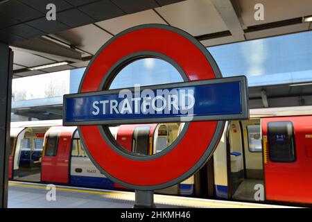 Stratford underground station platform sign, Stratford, Newham, East London, United Kingdom Stock Photo