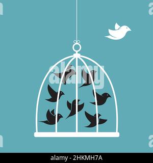 Vector image of a bird in the cage and outside the cage. Freedom concept. Easy editable layered vector illustration. Stock Vector