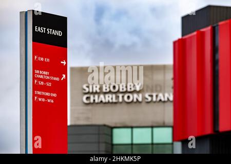 Old Trafford football ground, home to Manchester United FC. Sir Bobby Charlton stand. Stock Photo