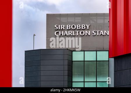 Old Trafford football ground, home to Manchester United FC. Sir Bobby Charlton stand. Stock Photo