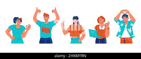 People showing OK and finger up gesture of satisfaction and approval. Well done and good work concept. Positive good emotions and success, flat cartoo Stock Vector