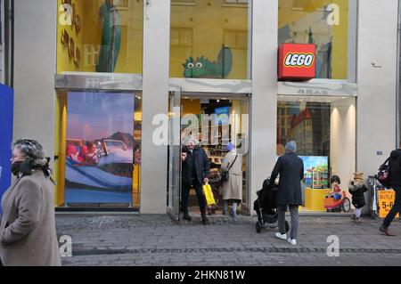 Copenhagen/Denmark./05 February 2022/.Lego bricks store on stroget in dansh capital and visitor psses by in Copenhagen Denmark.    (Photo..Francis Joseph Dean/Dean Pictures) Stock Photo