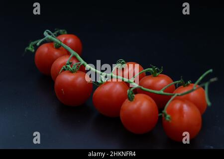 Twig with red cherry tomatoes with black background. Red cherry tomatoes with green branch on black background Stock Photo