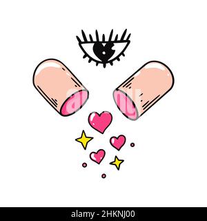 Hand drawn pill with a hearts. Vector illustration Stock Vector