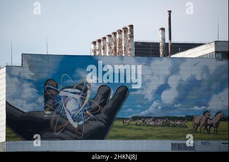 Art adorns the side of the Chernobyl Nuclear Power Plant. Stock Photo