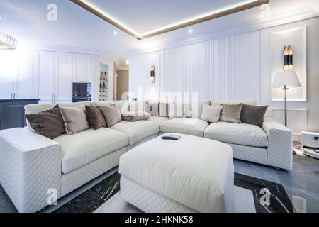 living room in a light minimalist design. White sofa with white and brown pillows. Black and white gamma Stock Photo