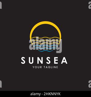 Sun and sea logo. Ocean wave line and icon style.on dark background Stock Vector