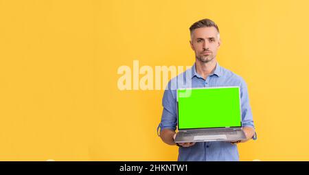 webinar pc advertisement. businessman presenting product. presentation on computer. Stock Photo