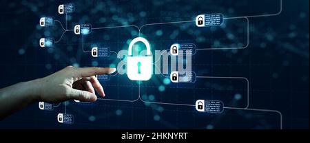 Businessman hand on Modern technology and digital layer effect as business strategy. Blockchain technology with diagram of chain and encrypted blocks Stock Photo