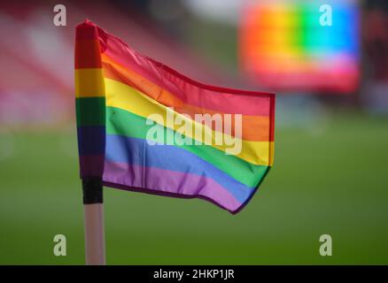 A rainbow corner flag at the side of the pitch before the Sky Bet League One match at The Valley, London. Picture date: Saturday February 5, 2022. Stock Photo