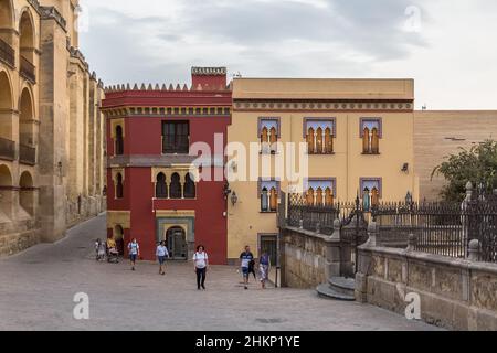 Cordoba Spain - 09 13 2021: View at the Plaza del Triunfo, heritage architecture building with islamic moorish influences and tourist people visiting Stock Photo