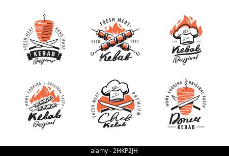 Set of Kebab, BBQ labels. Design elements for logo, badge, emblem, restaurant menu, flyer Stock Vector