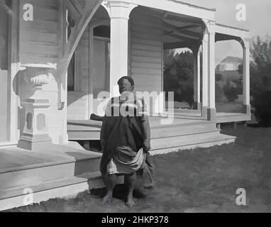 Art inspired by Princess Anaziene, Granddaughter of King George of Tonga, Burton Brothers studio, photography studio, 29 July 1884, New Zealand, black-and-white photography, Tongan woman standing at bottom of step in front of colonial wooden building with large verandah. Woman is, Classic works modernized by Artotop with a splash of modernity. Shapes, color and value, eye-catching visual impact on art. Emotions through freedom of artworks in a contemporary way. A timeless message pursuing a wildly creative new direction. Artists turning to the digital medium and creating the Artotop NFT Stock Photo