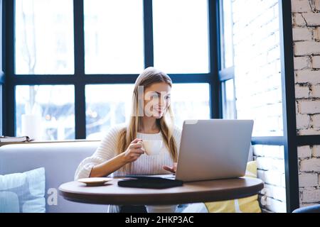 Cheerful freelancer working on netbook in cafe Stock Photo
